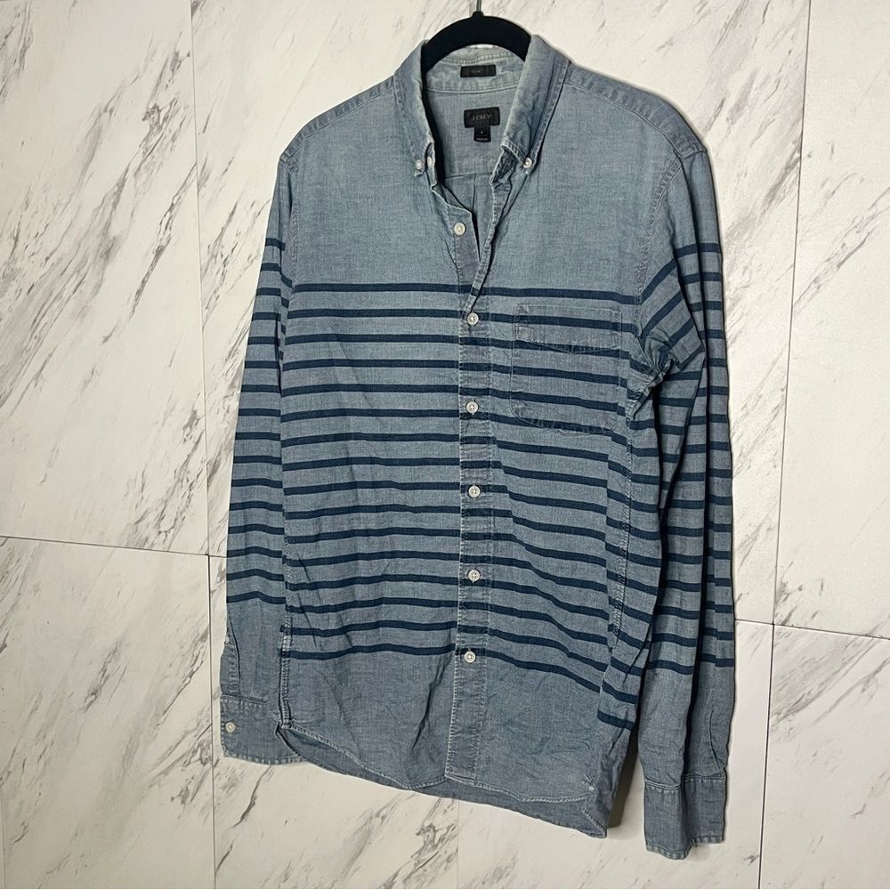 J Crew Blue Stripe Cotton Chambray Denim Slim Button Up Shirt Small S